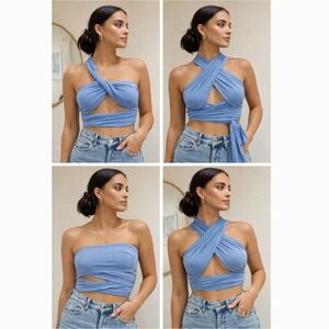 Cellecci Blue Stretch Convertible Wrap Crop Top Sz S Y2K Clubwear Boho Festival